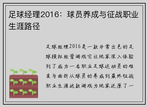 足球经理2016：球员养成与征战职业生涯路径