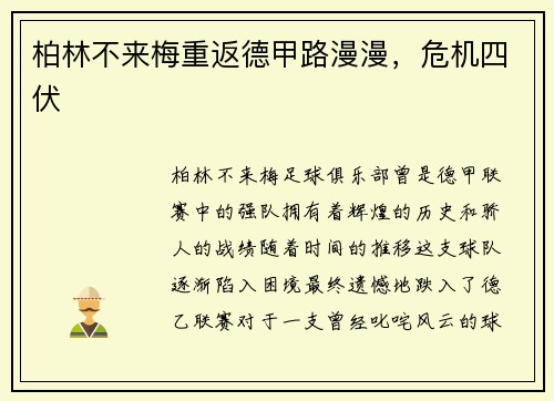 柏林不来梅重返德甲路漫漫，危机四伏